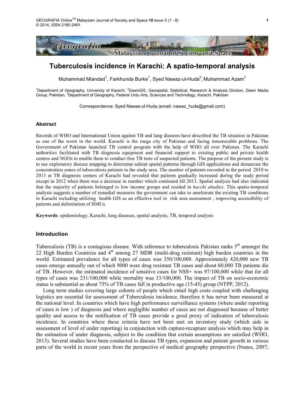 Tuberculosis Incidence in Karachi: a Spatio-Temporal Analysis