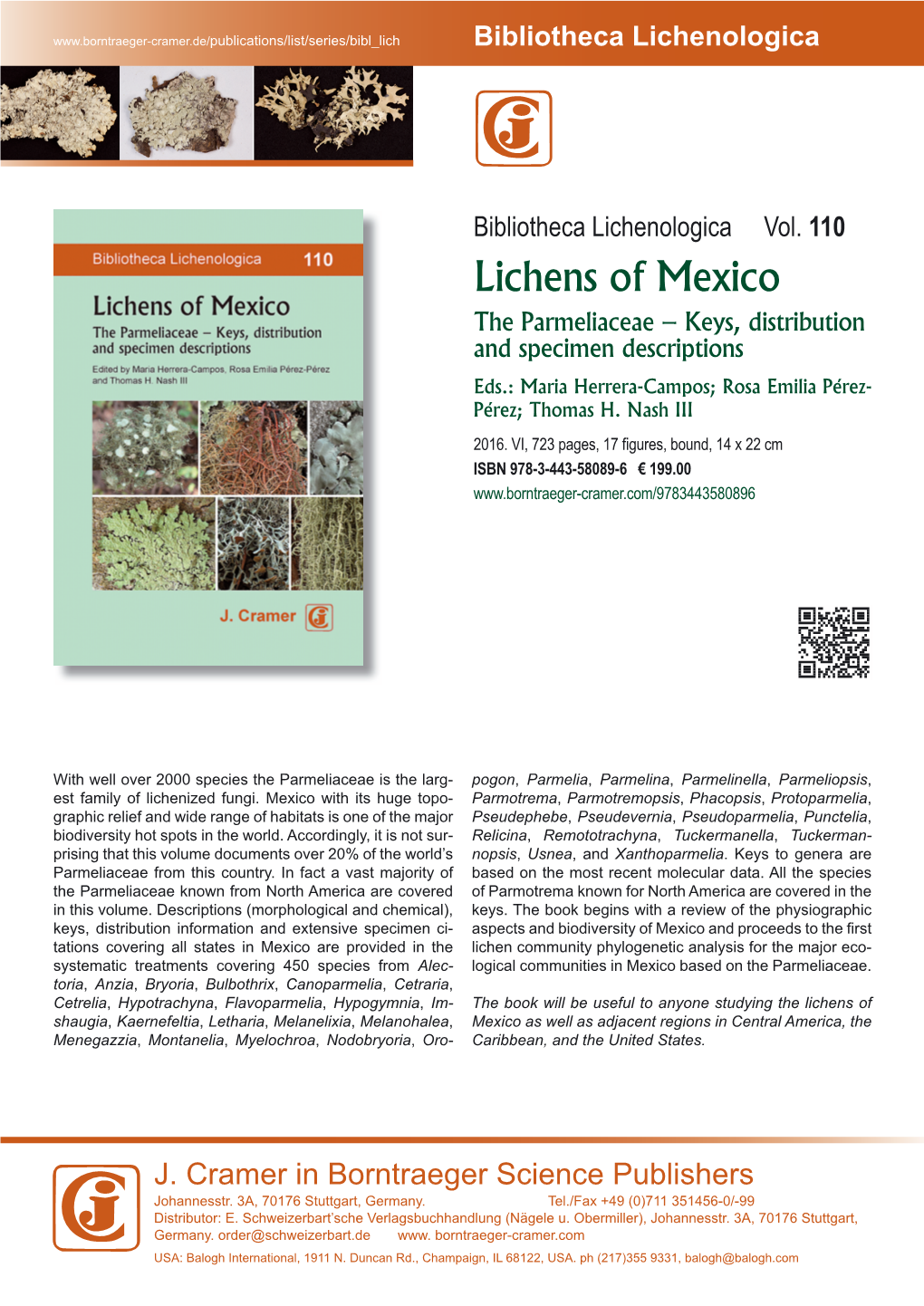 Lichens of Mexico the Parmeliaceae – Keys, Distribution and Specimen Descriptions Eds.: Maria Herrera-Campos; Rosa Emilia Pérez- Pérez; Thomas H