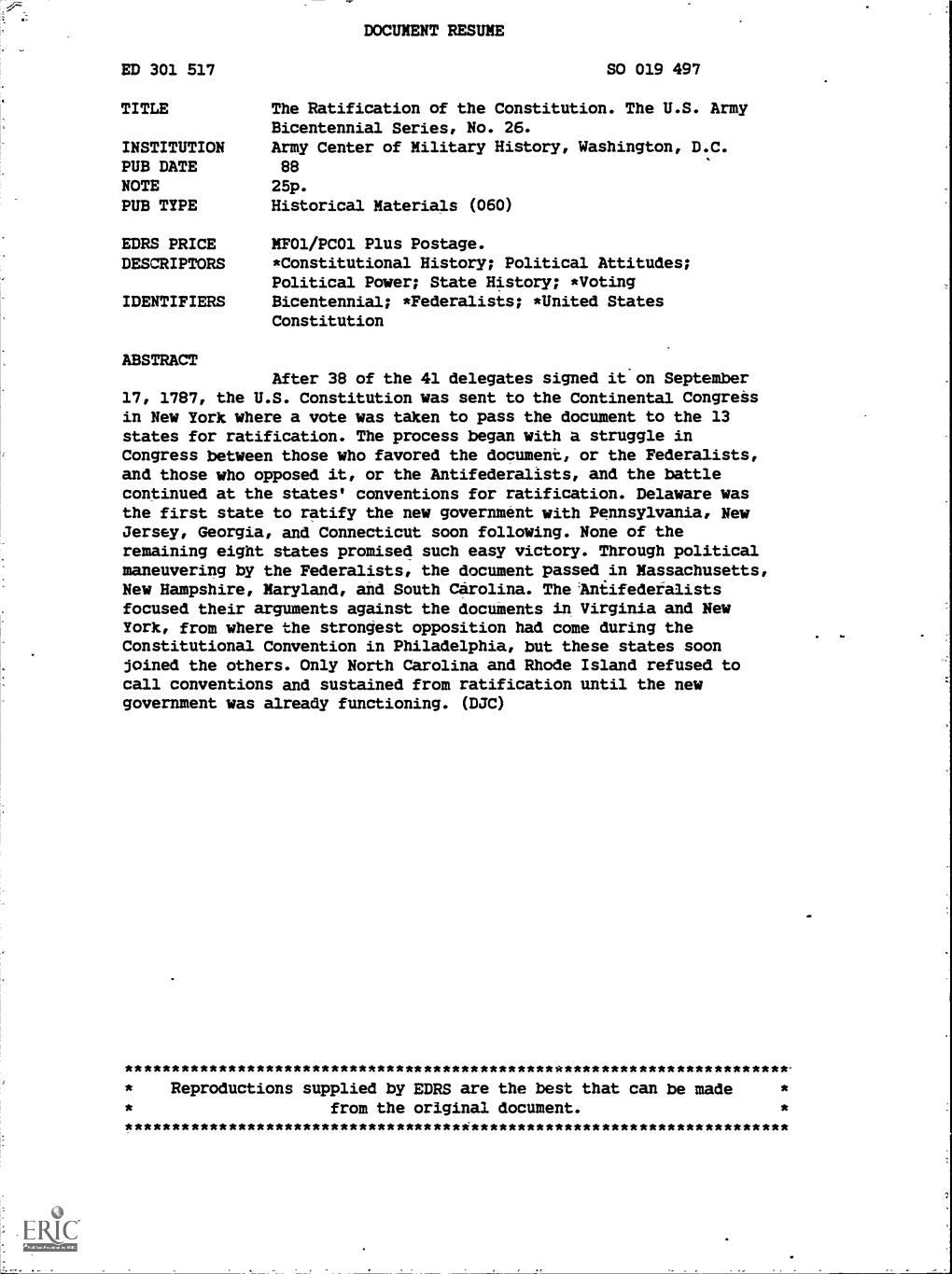 DOCUMENT RESUME ED 301 517 SO 019 497 TITLE the Ratification