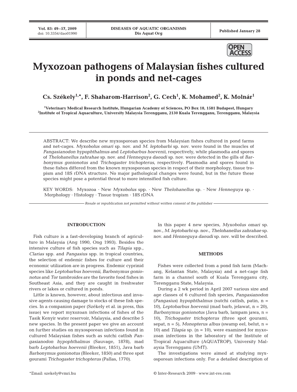 Myxozoan Pathogens of Malaysian Fishes Cultured in Ponds and Net-Cages
