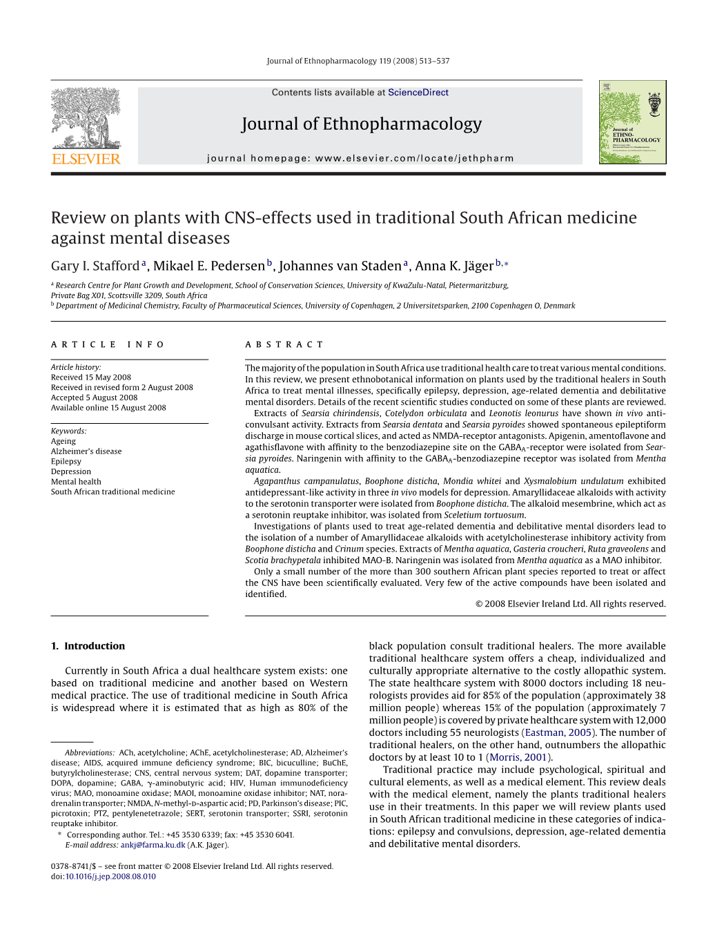 Journal of Ethnopharmacology Review on Plants with CNS-Effects Used in Traditional South African Medicine Against Mental Disease