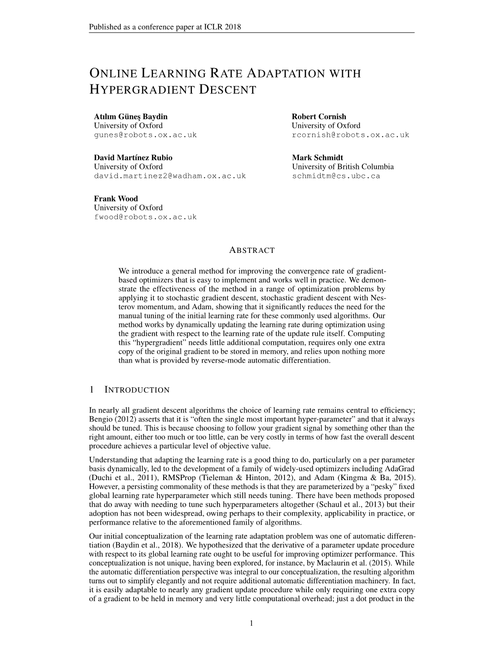 Online Learning Rate Adaptation with Hypergradient Descent