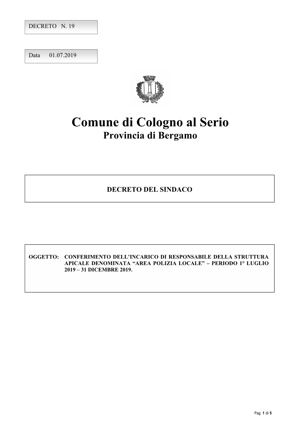 Decreto Sindacale N. 19 Del 01.07