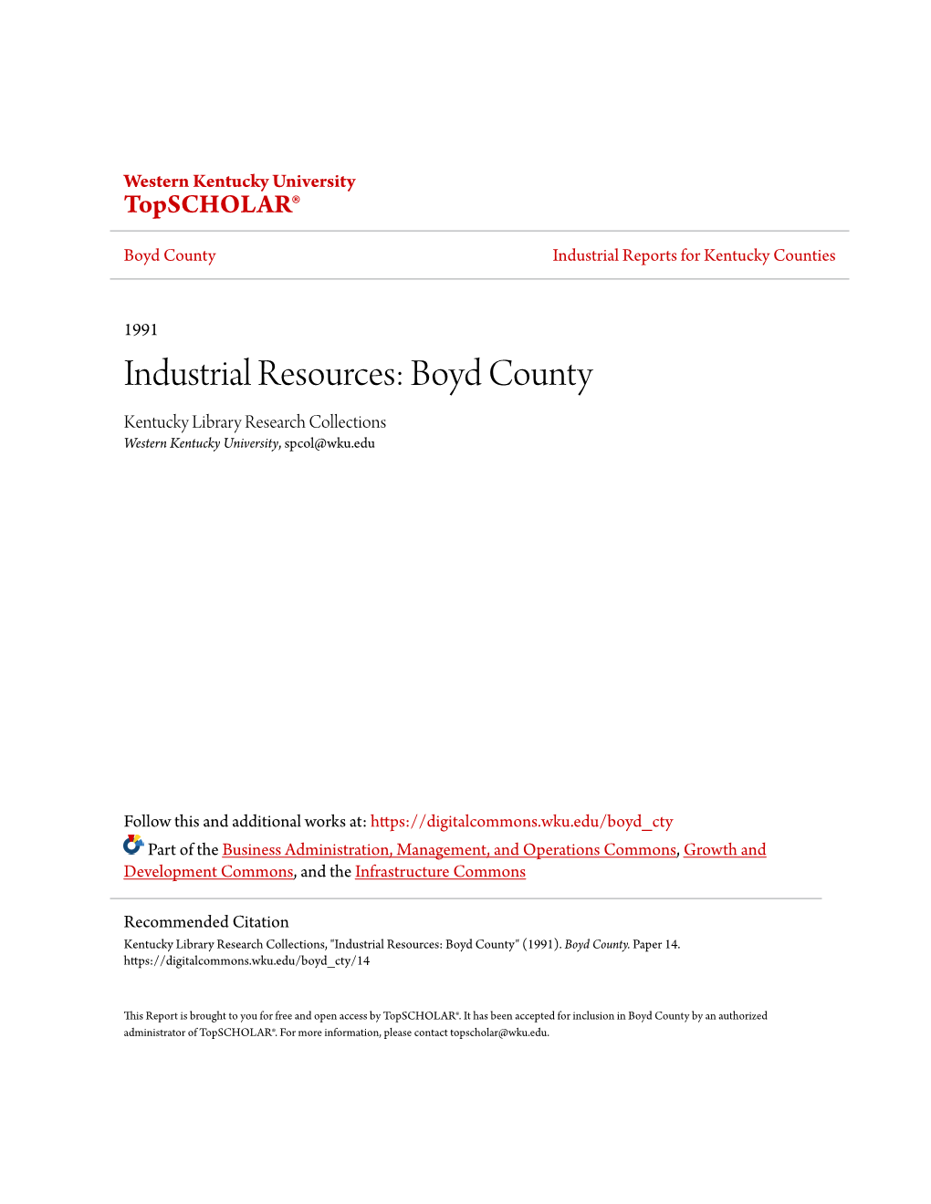 Industrial Resources: Boyd County Kentucky Library Research Collections Western Kentucky University, Spcol@Wku.Edu
