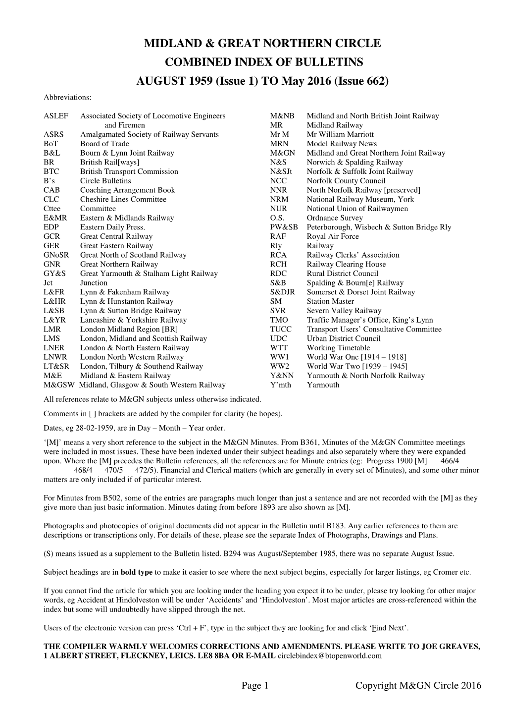 Midland & Great Northern Circle Combined Index Of