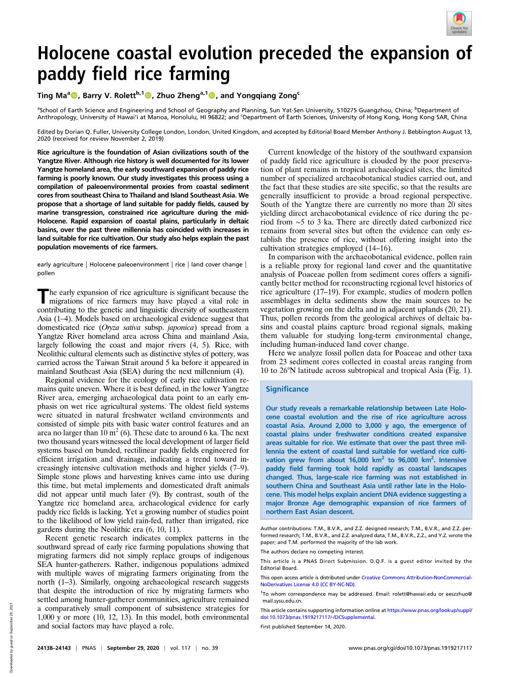 Holocene Coastal Evolution Preceded the Expansion of Paddy Field Rice Farming