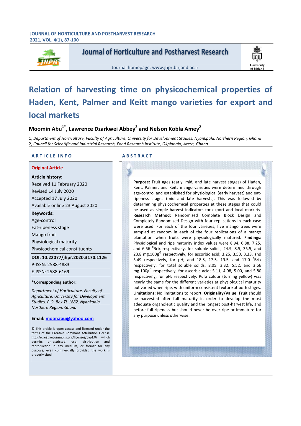 Relation of Harvesting Time on Physicochemical Properties of Haden, Kent, Palmer and Keitt Mango Varieties for Export and Local Markets