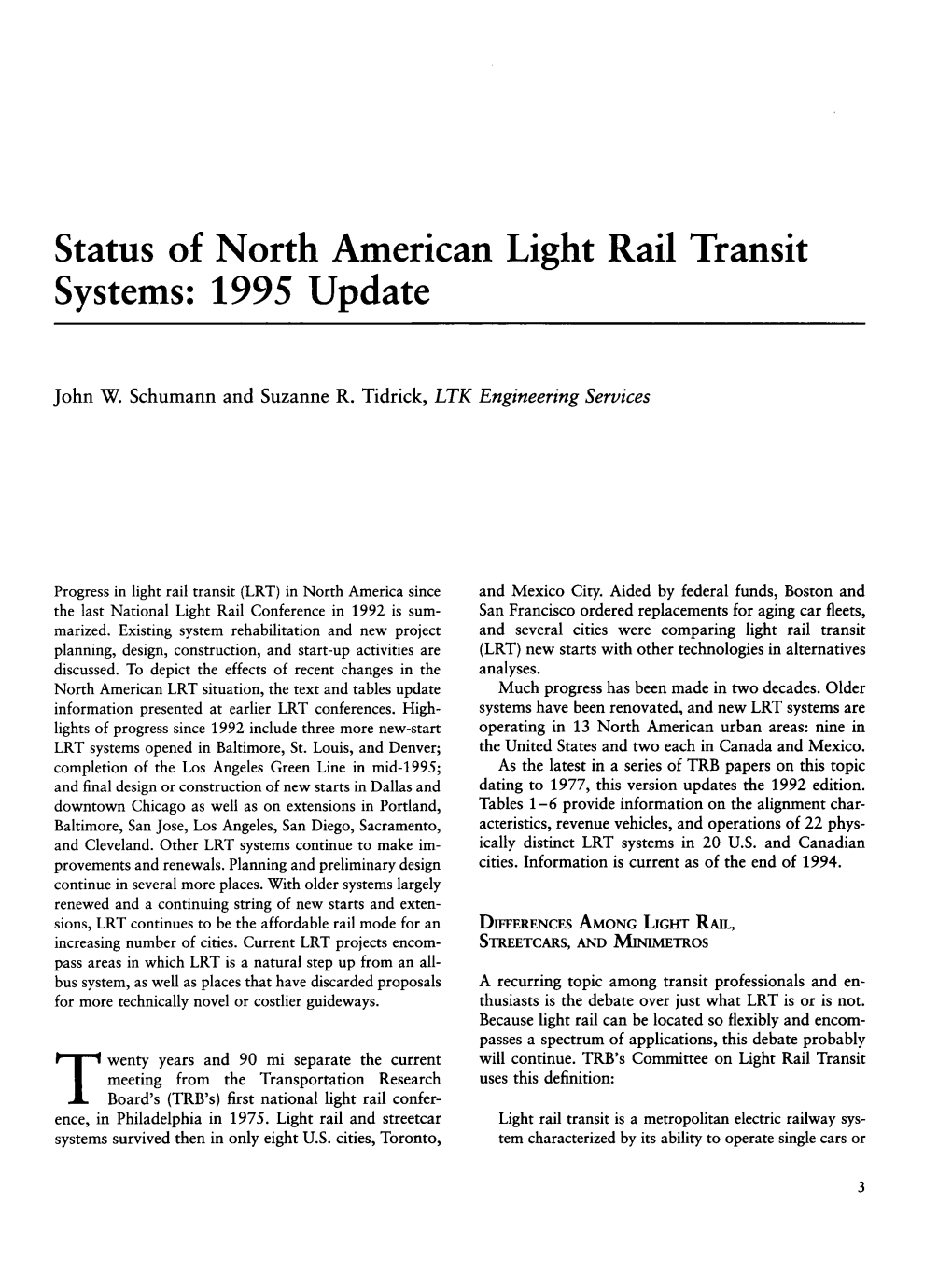 Status of North American Light Rail Transit Systems: 1995 Update
