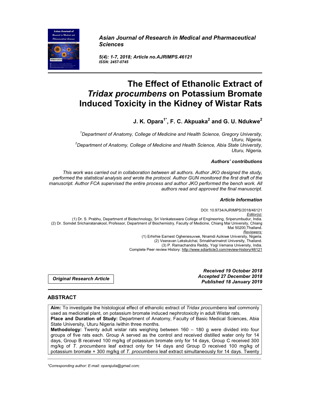 The Effect of Ethanolic Extract of Tridax Procumbens on Potassium Bromate Induced Toxicity in the Kidney of Wistar Rats