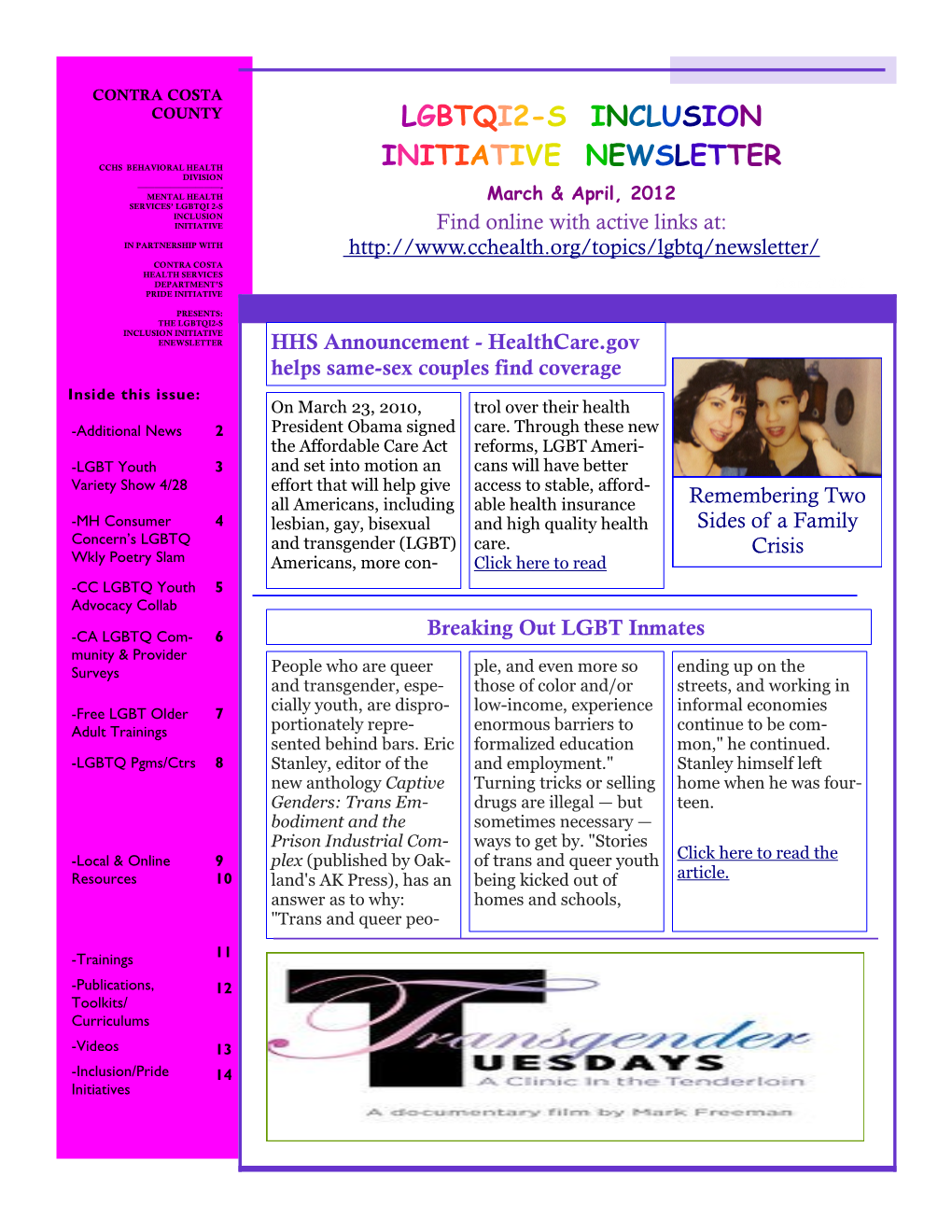 Lgbtqi2-S Inclusion Initiative Newsletter