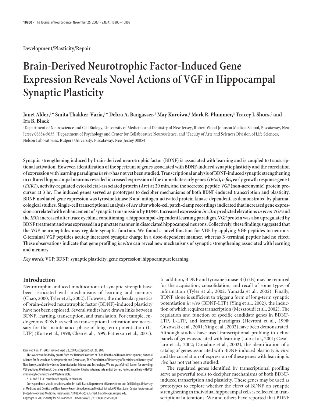 Brain-Derived Neurotrophic Factor-Induced Gene Expression Reveals Novel Actions of VGF in Hippocampal Synaptic Plasticity