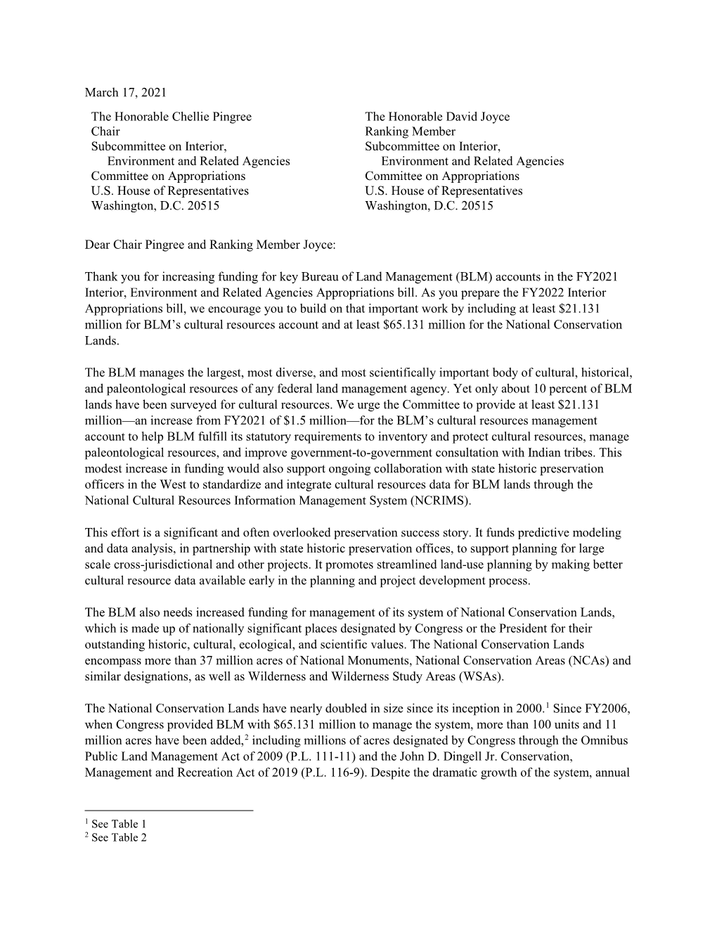 Letter to House Appropriations Interior Subcommittee FY22 BLM