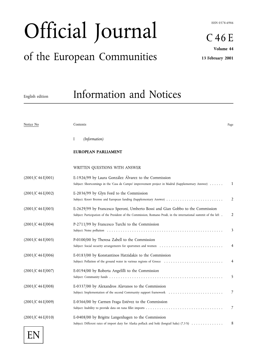 Official Journal C46E Volume 44 of the European Communities 13 February 2001