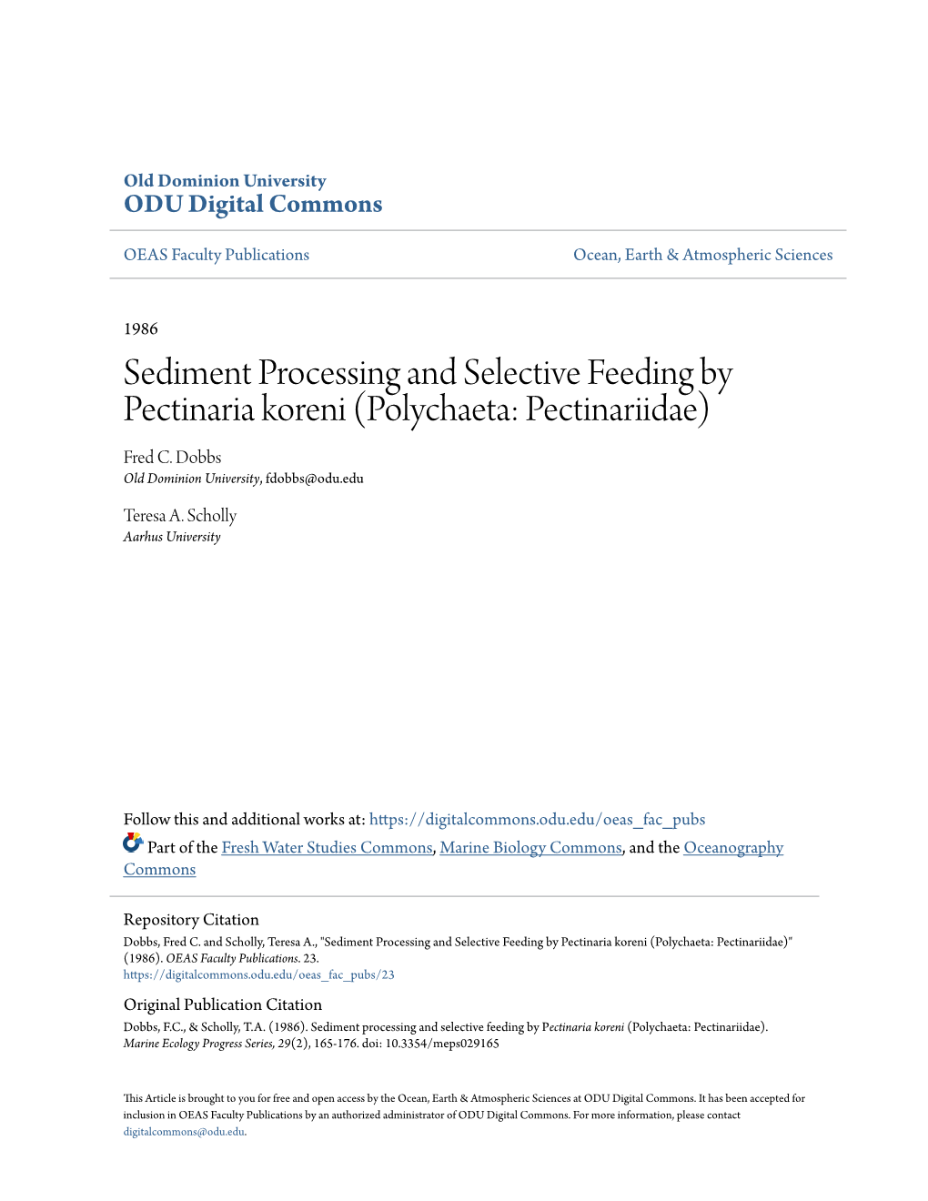Sediment Processing and Selective Feeding by Pectinaria Koreni (Polychaeta: Pectinariidae) Fred C