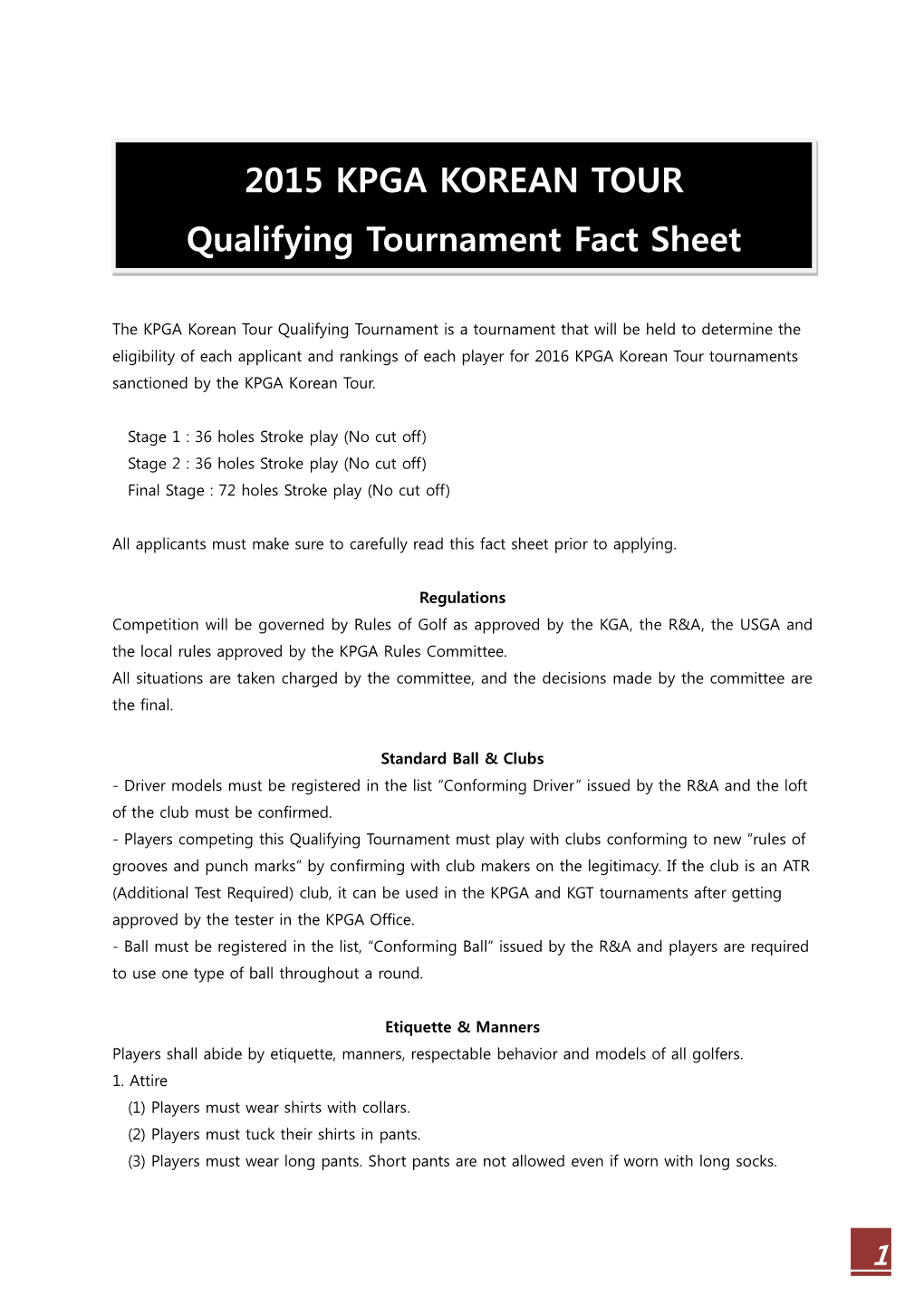 2015 KPGA KOREAN TOUR Qualifying Tournament Fact Sheet