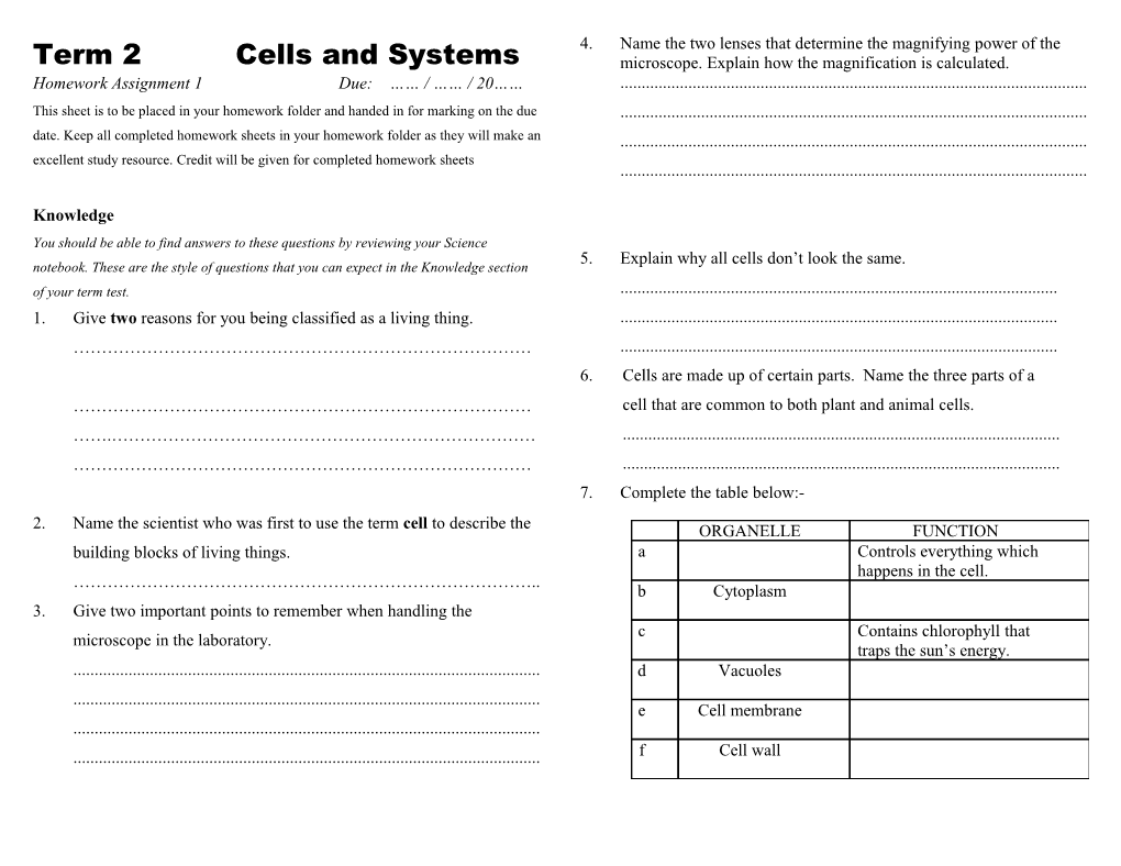 Term 2 Cells and Systems