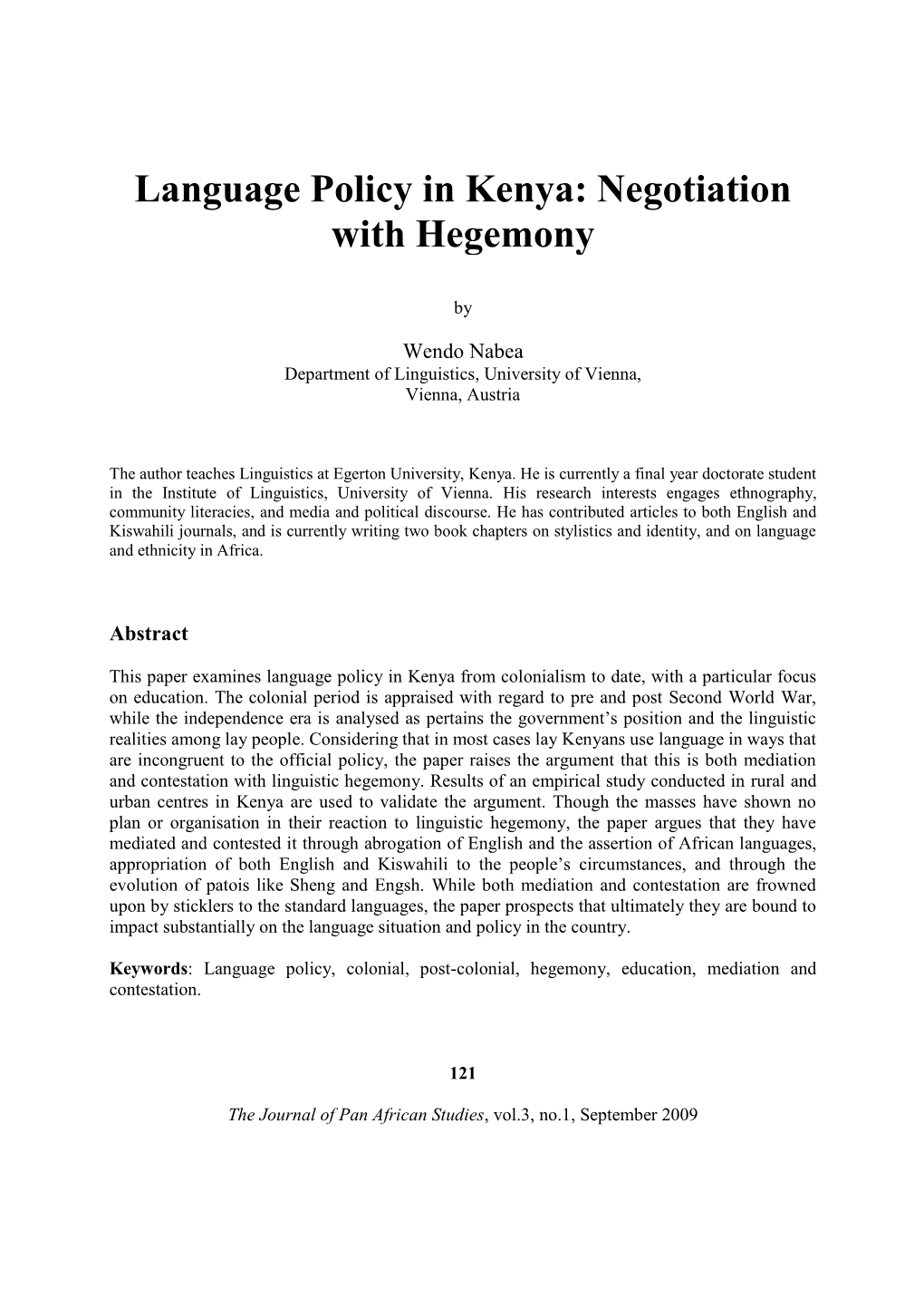 Language Policy in Kenya: Negotiation with Hegemony