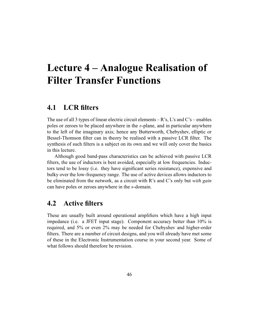 Lecture 4 – Analogue Realisation of Filter Transfer Functions