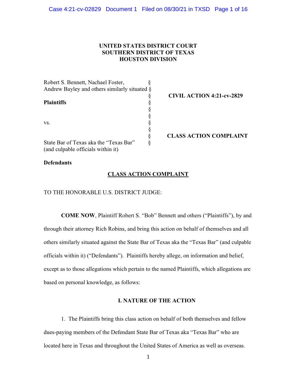 Case 4:21-Cv-02829 Document 1 Filed on 08/30/21 in TXSD Page 1 of 16