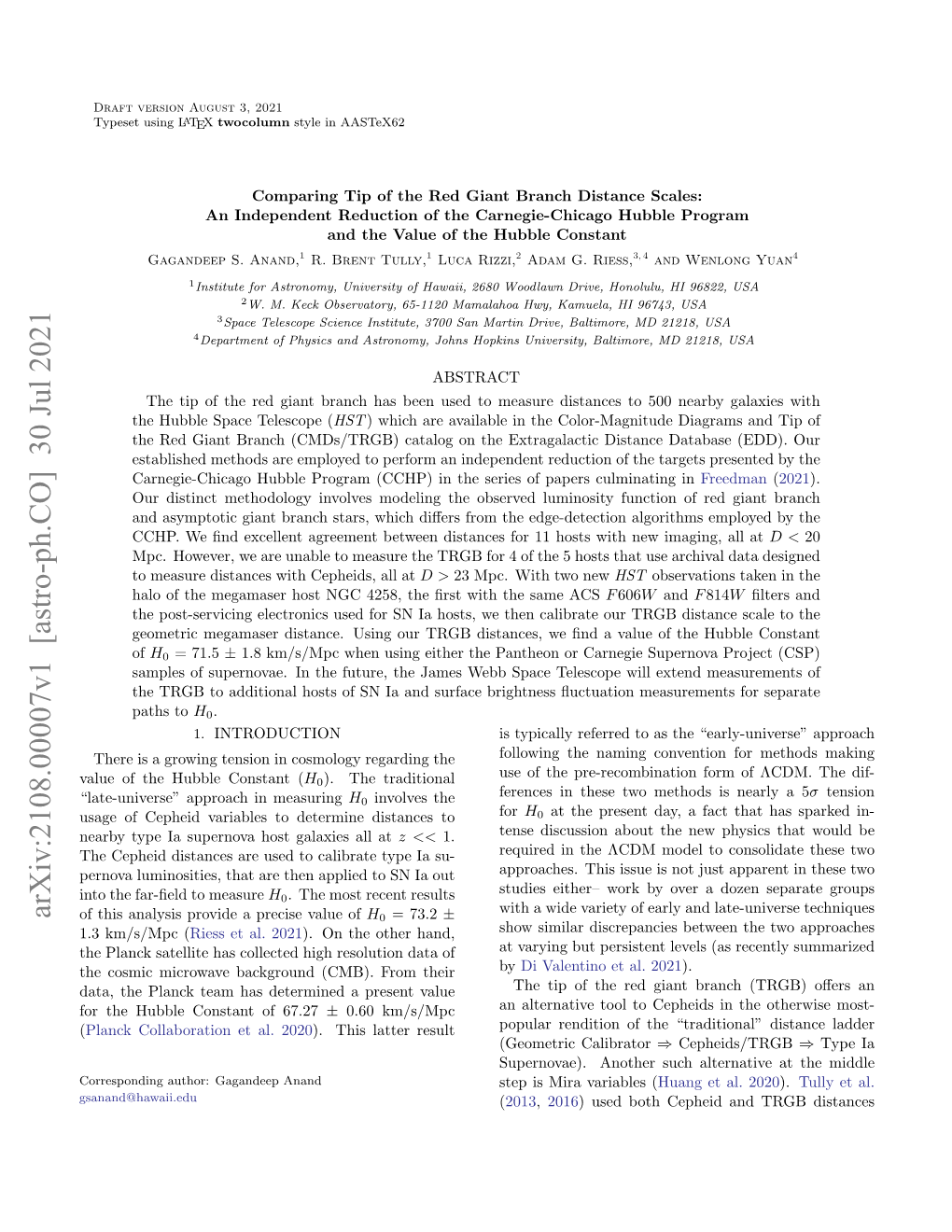 Arxiv:2108.00007V1 [Astro-Ph.CO] 30 Jul 2021 of This Analysis Provide a Precise Value of H0 = 73.2 ± 1.3 Km/S/Mpc (Riess Et Al