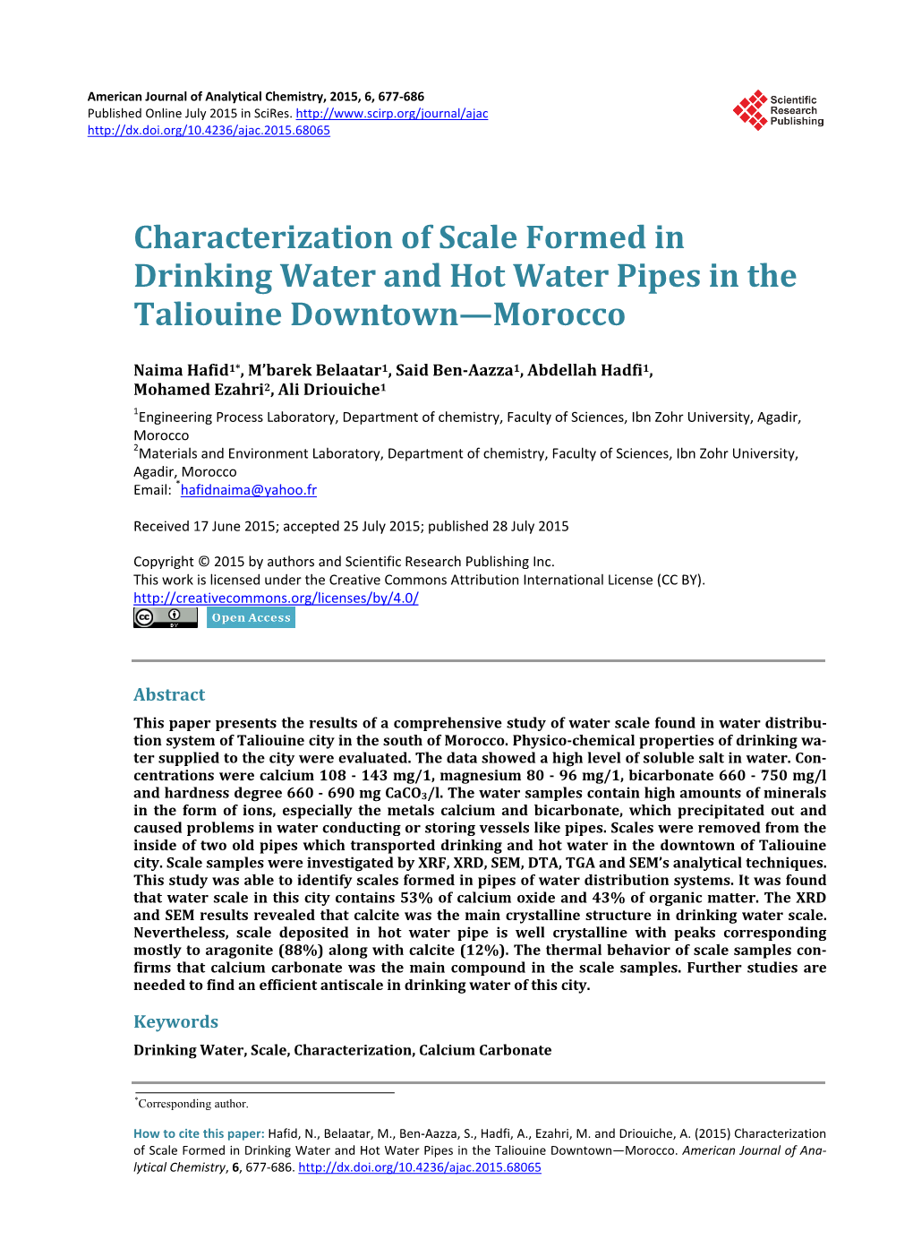 Characterization of Scale Formed in Drinking Water and Hot Water Pipes in the Taliouine Downtown—Morocco