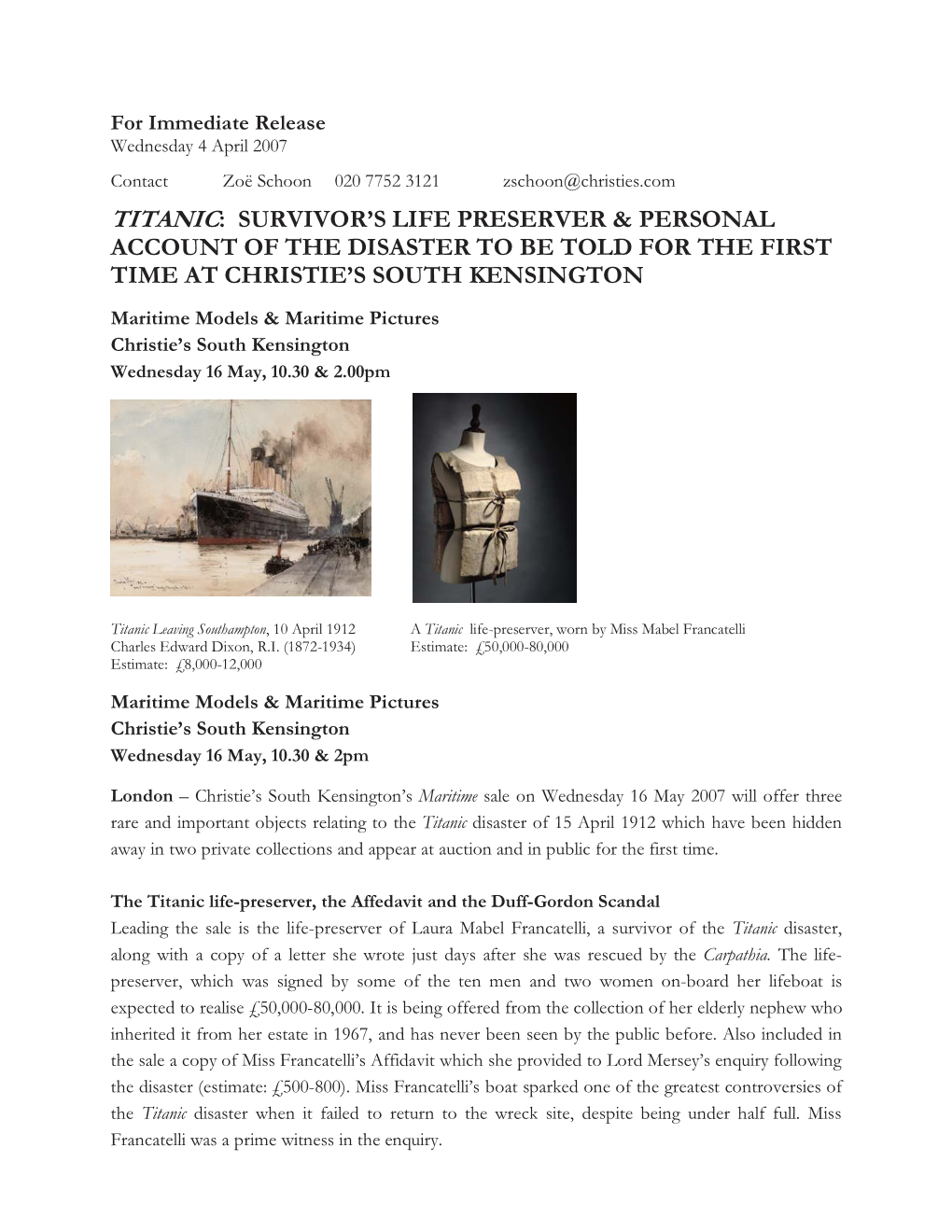 Titanic: Survivor’S Life Preserver & Personal Account of the Disaster to Be Told for the First Time at Christie’S South Kensington