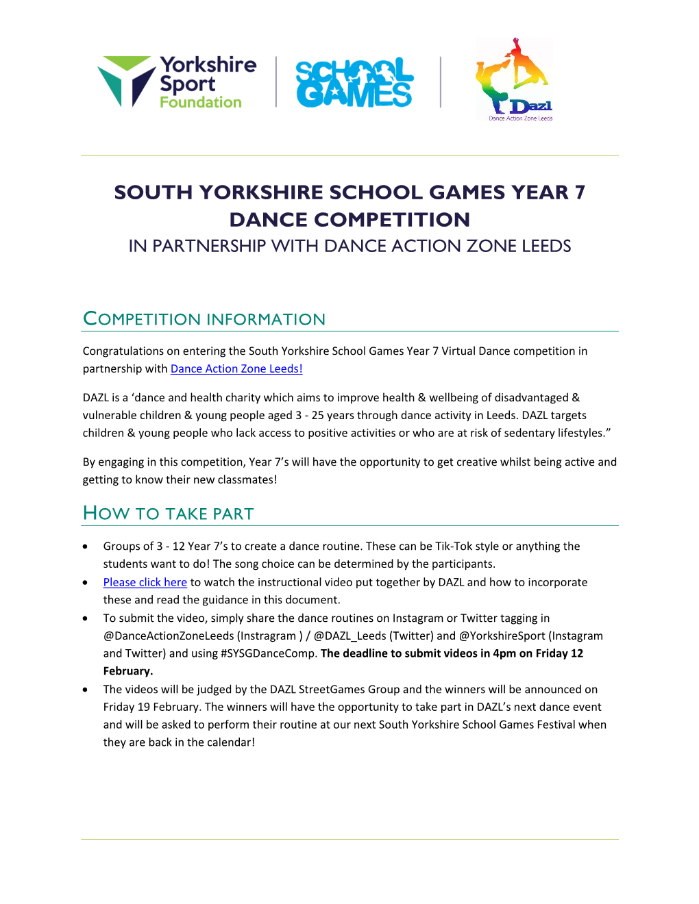 South Yorkshire School Games Year 7 Dance Competition in Partnership with Dance Action Zone Leeds