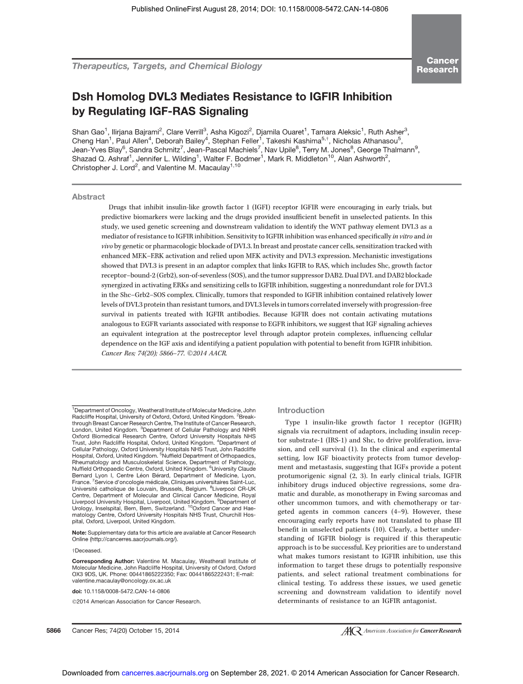 Dsh Homolog DVL3 Mediates Resistance to IGFIR Inhibition by Regulating IGF-RAS Signaling