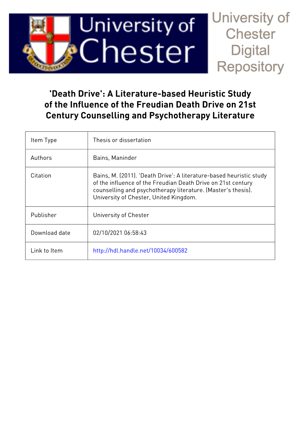 'Death Drive': a Literature-Based Heuristic Study of the Influence of the Freudian Death Drive on 21St Century Counselling and Psychotherapy Literature