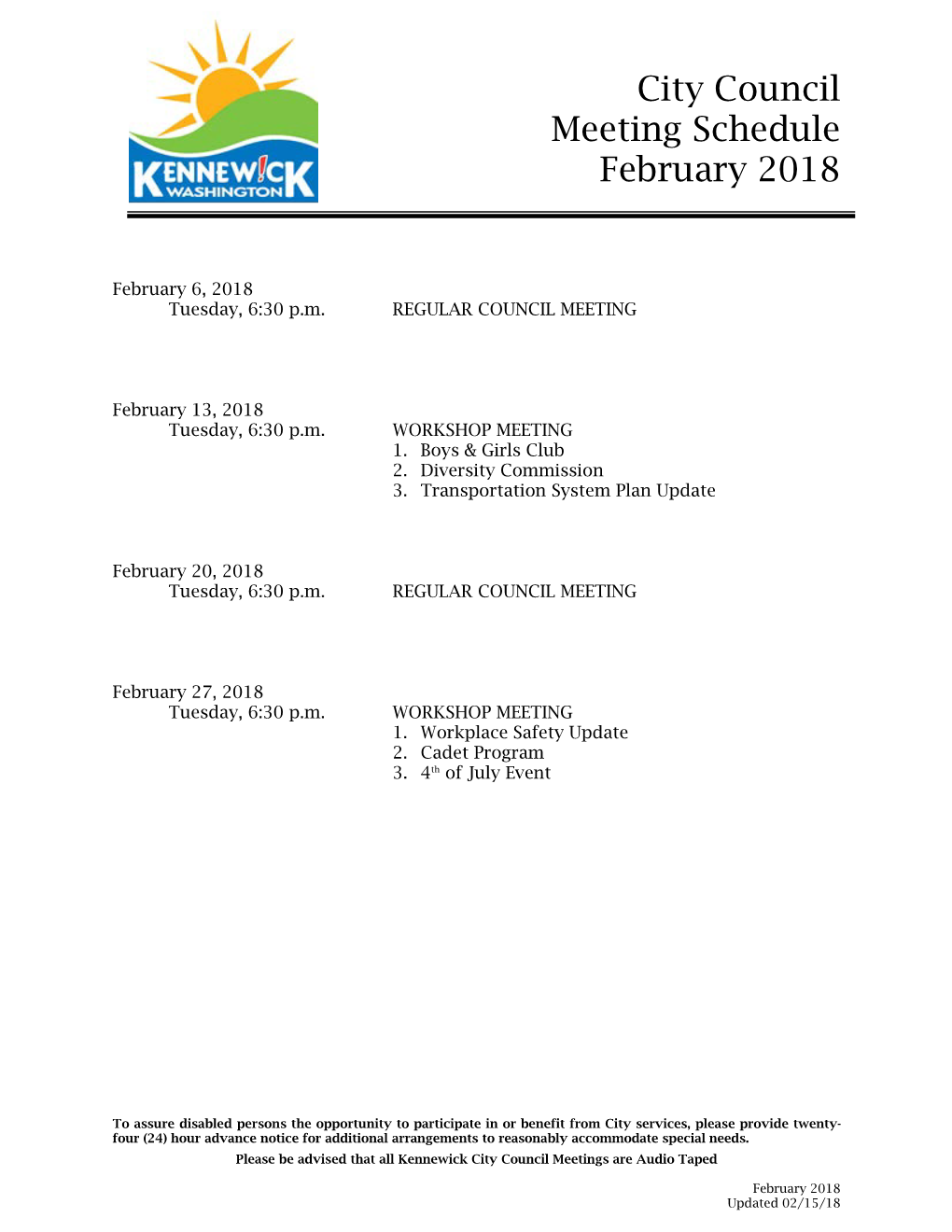 City Council Meeting Schedule February 2018