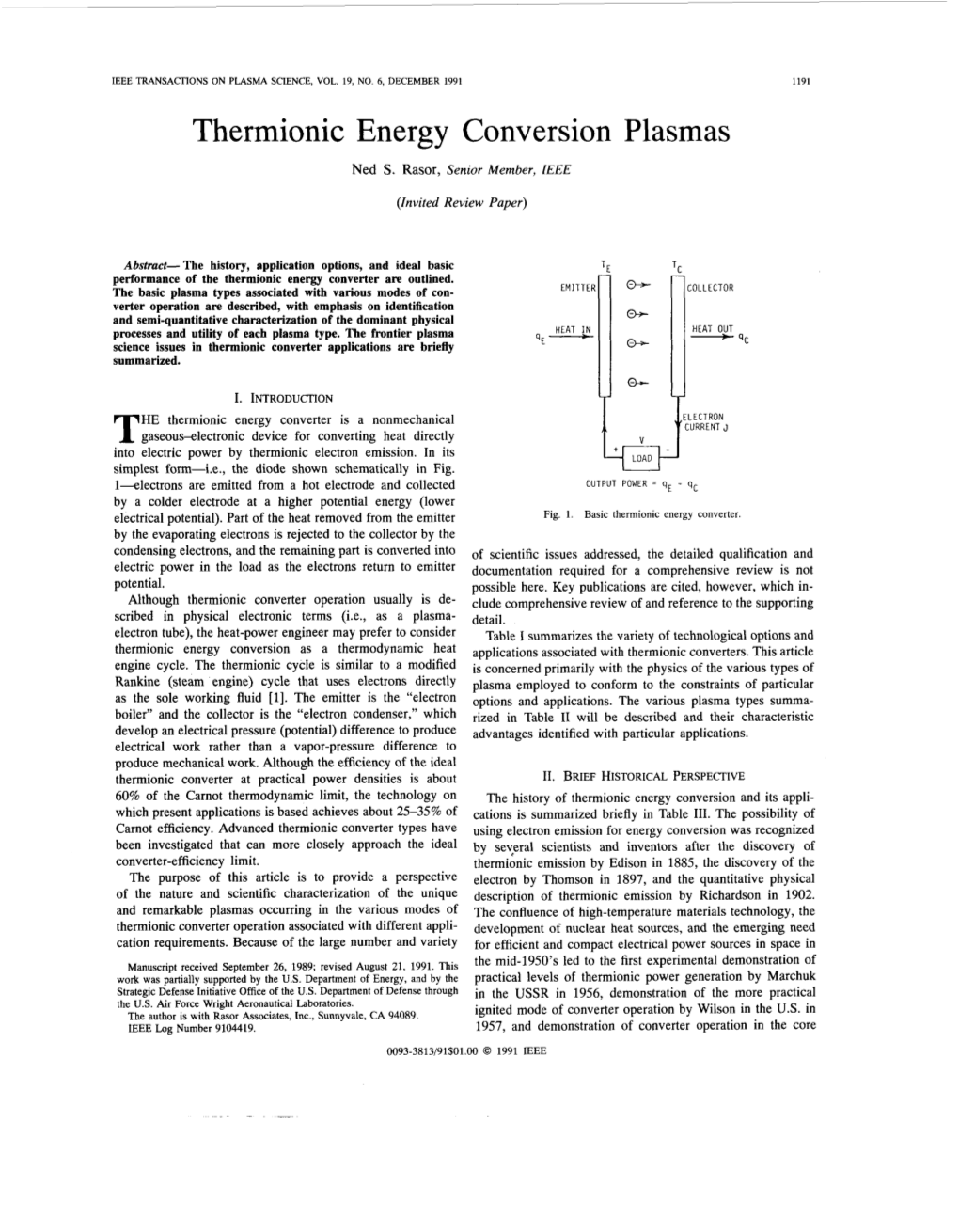 Thermionic Energy Conversion Plasmas