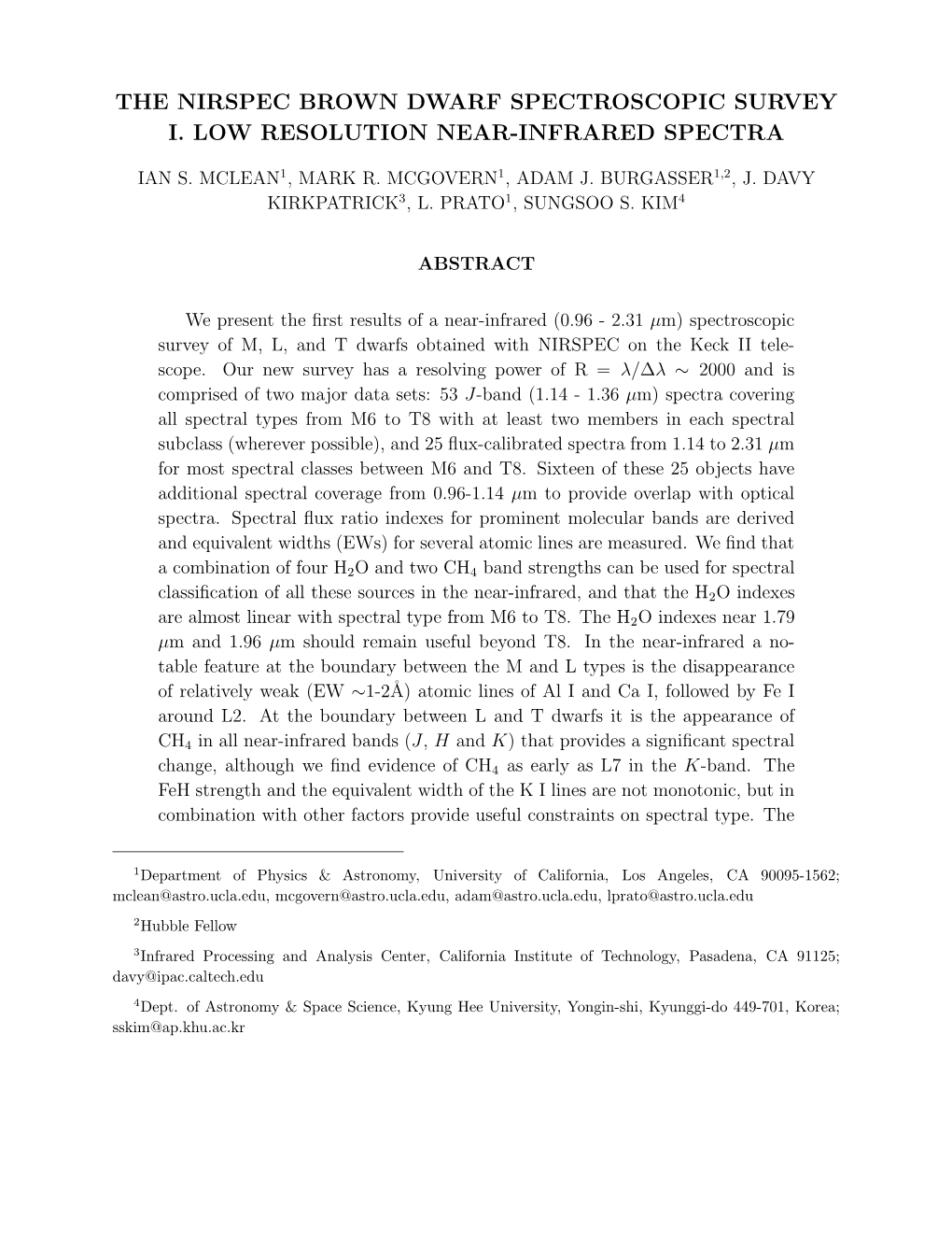 The Nirspec Brown Dwarf Spectroscopic Survey I. Low Resolution Near-Infrared Spectra