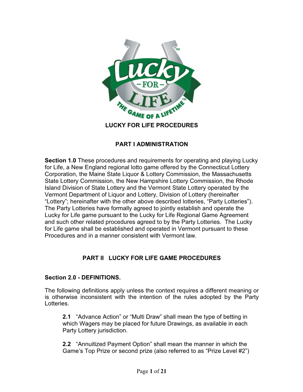 Page 1 of 21 LUCKY for LIFE PROCEDURES PART I
