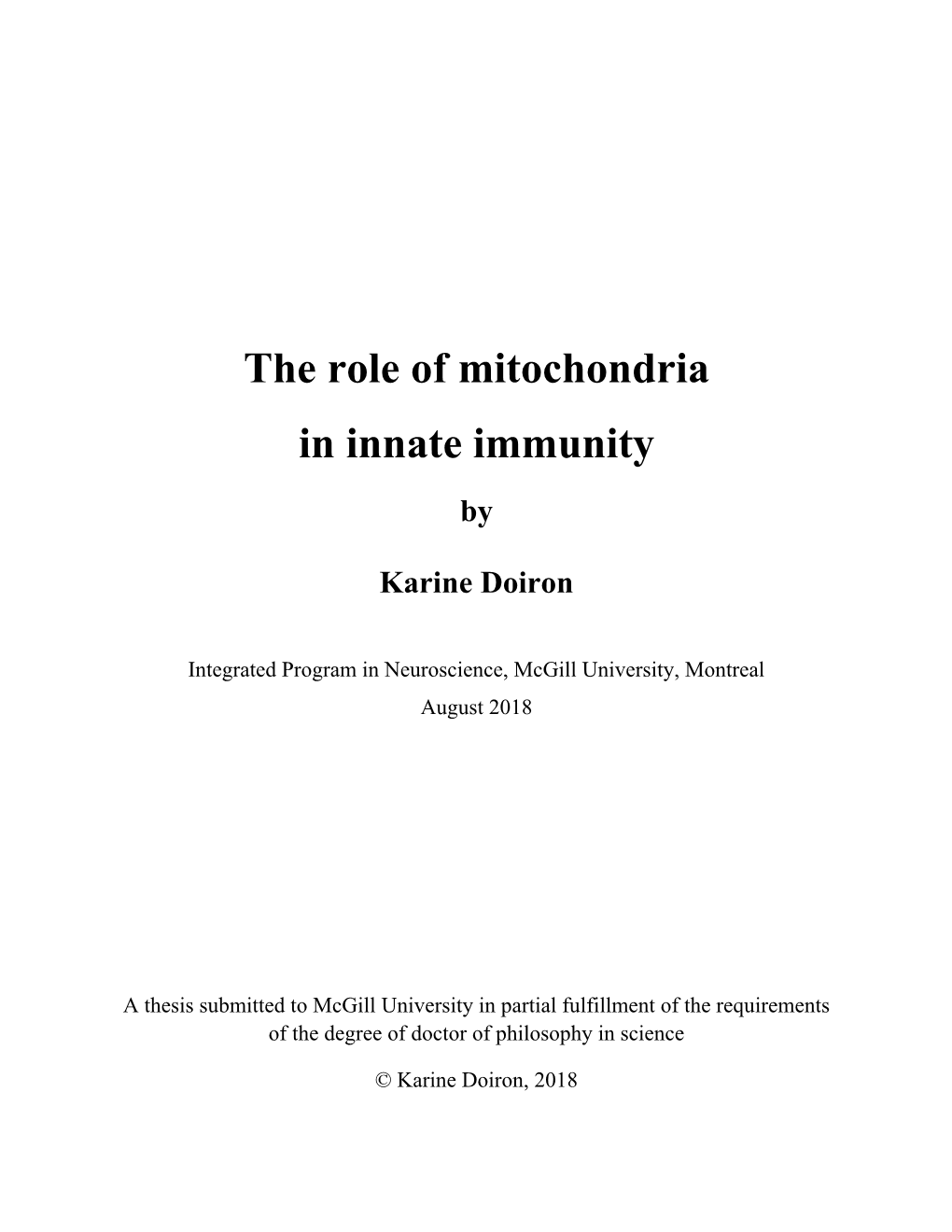 The Role of Mitochondria in Innate Immunity By
