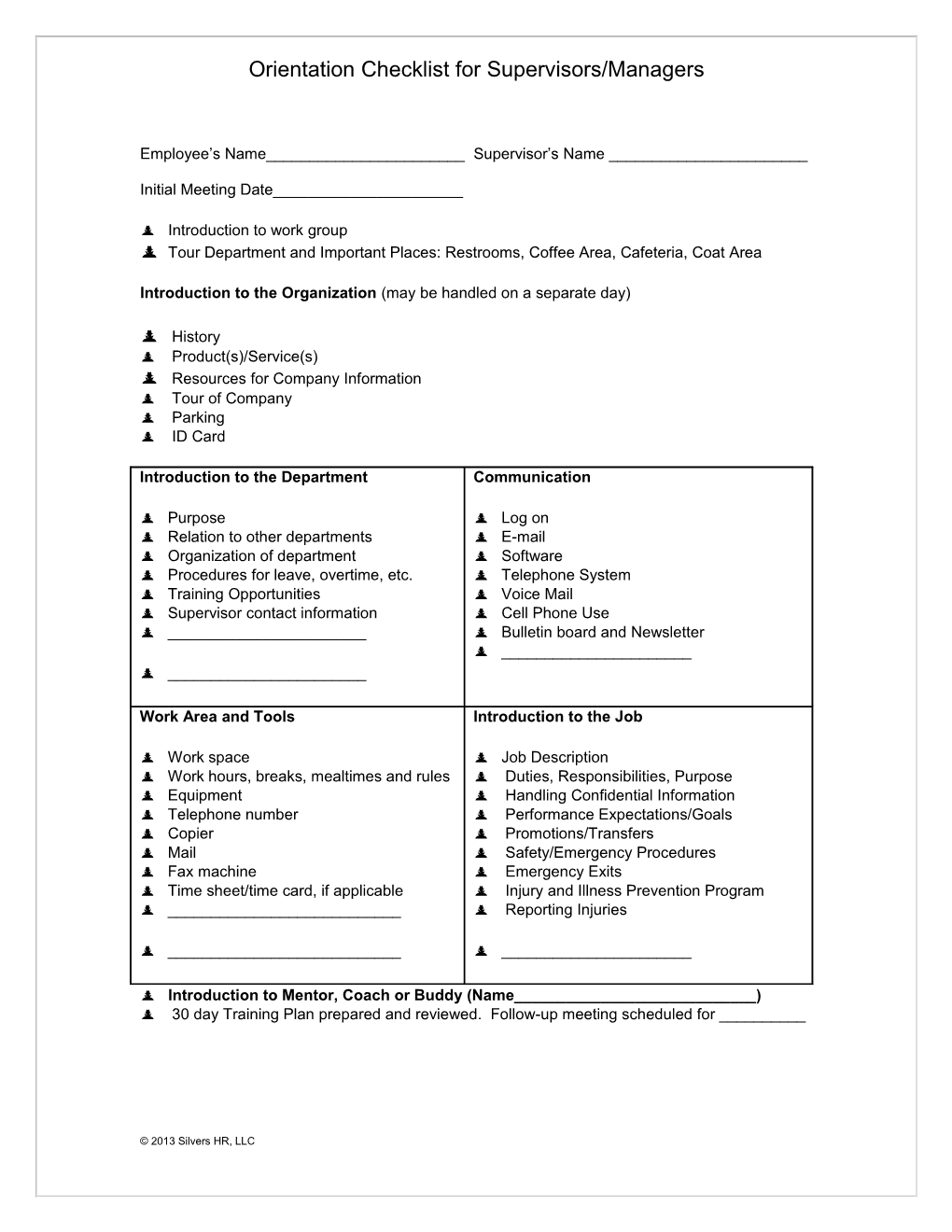 Orientation Checklist for Supervisors/Managers