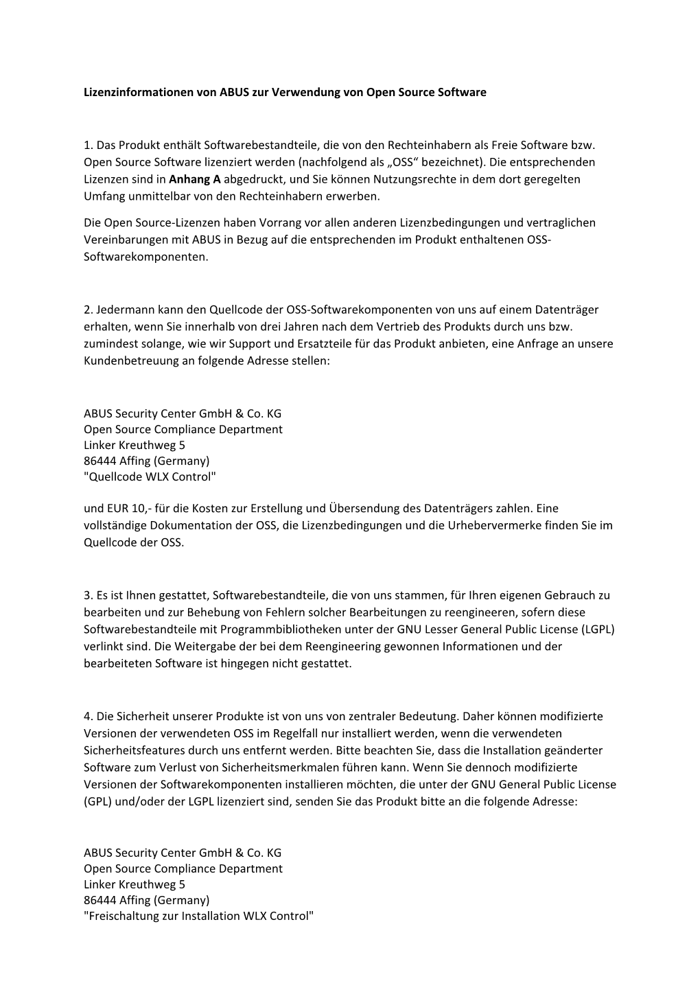 Lizenzinformationen Von ABUS Zur Verwendung Von Open Source Software