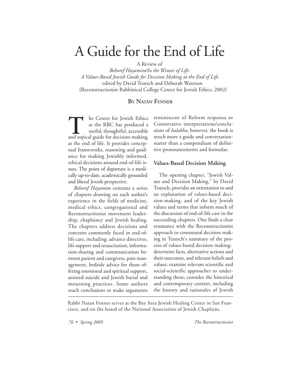 A Guide for the End of Life a Review of Behoref