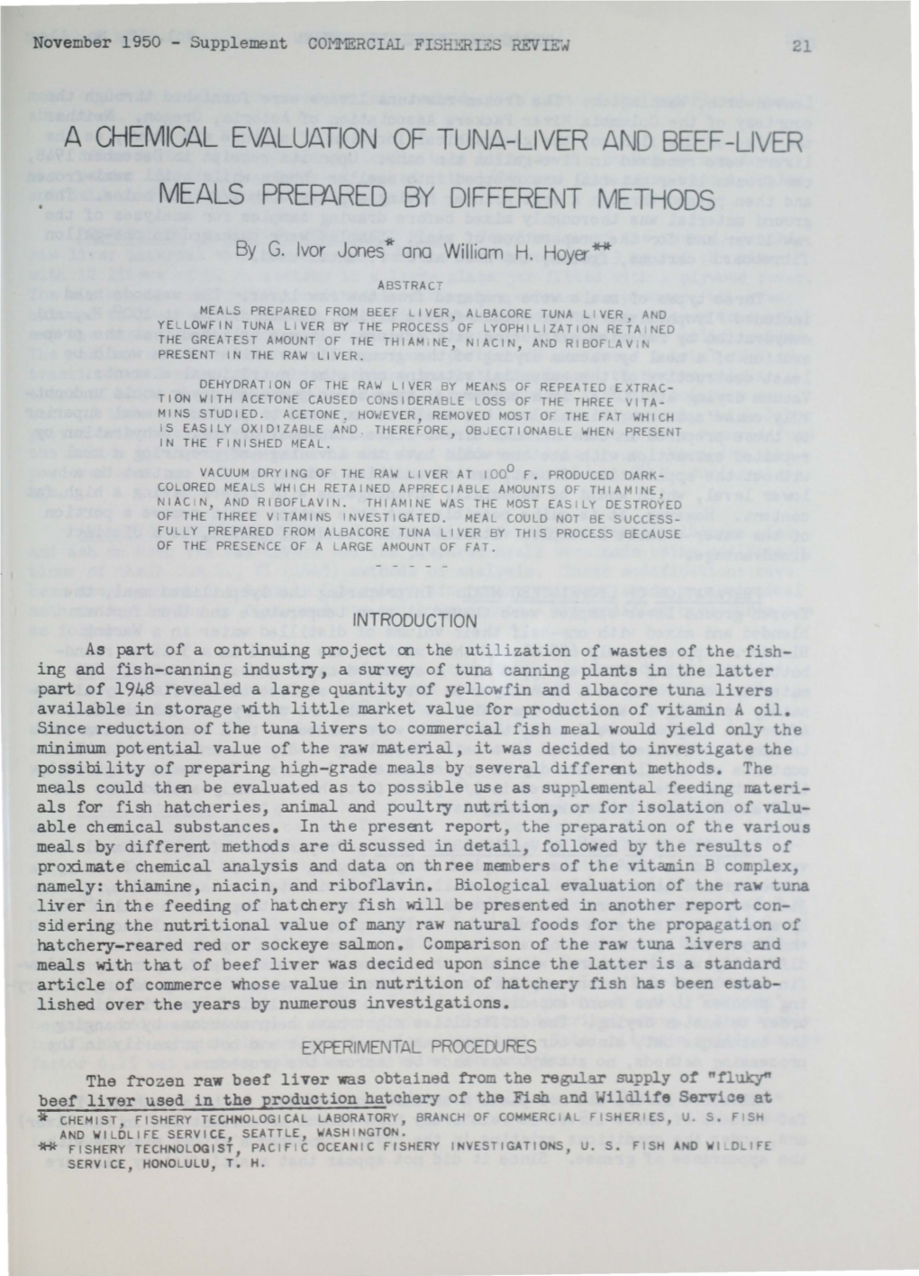 A Chemical Evaluation of Tuna-Liver and Beef -Liver Meals Prefared By