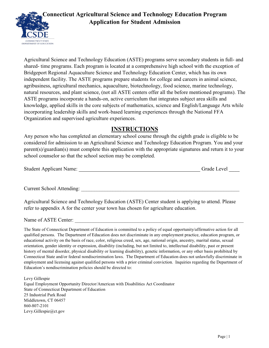 Connecticut Agricultural Science and Technology Education Program Application for Student Admission