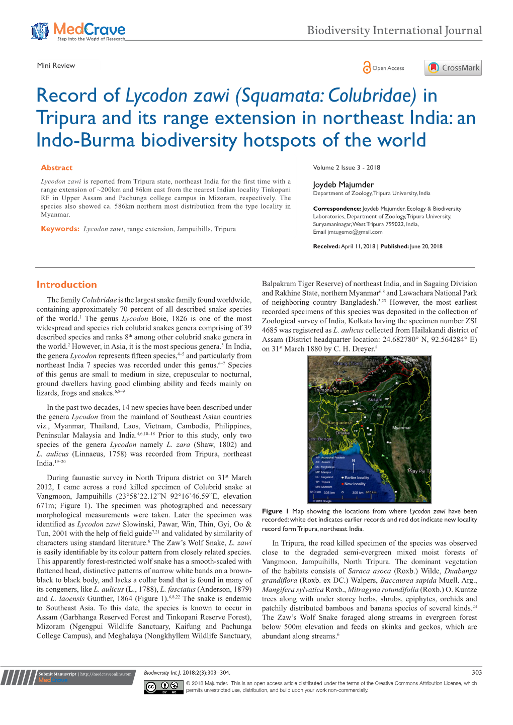 Record of Lycodon Zawi (Squamata: Colubridae) in Tripura and Its Range Extension in Northeast India: an Indo-Burma Biodiversity Hotspots of the World