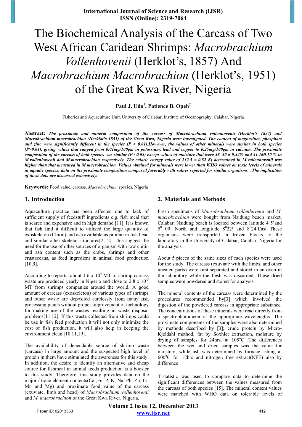 The Biochemical Analysis of the Carcass of Two West African