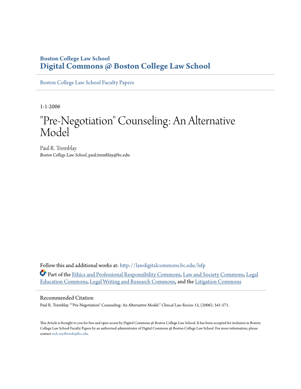 "Pre-Negotiation" Counseling: an Alternative Model Paul R