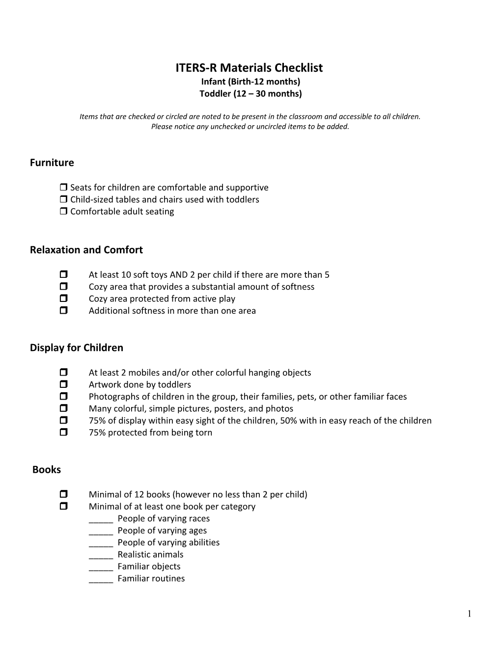 ITERS-R Materials For Infants And Toddlers