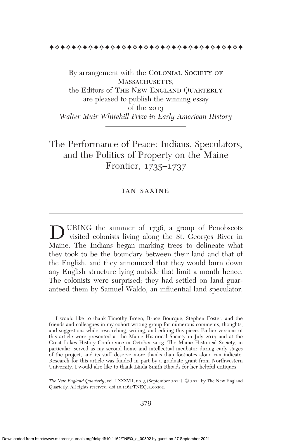 Indians, Speculators, and the Politics of Property on the Maine Frontier, 1735–1737