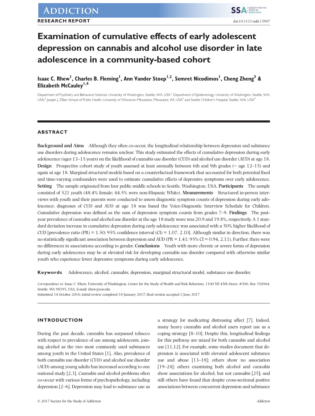 Examination of Cumulative Effects of Early Adolescent Depression on Cannabis and Alcohol Use Disorder in Late Adolescence in a Community-Based Cohort
