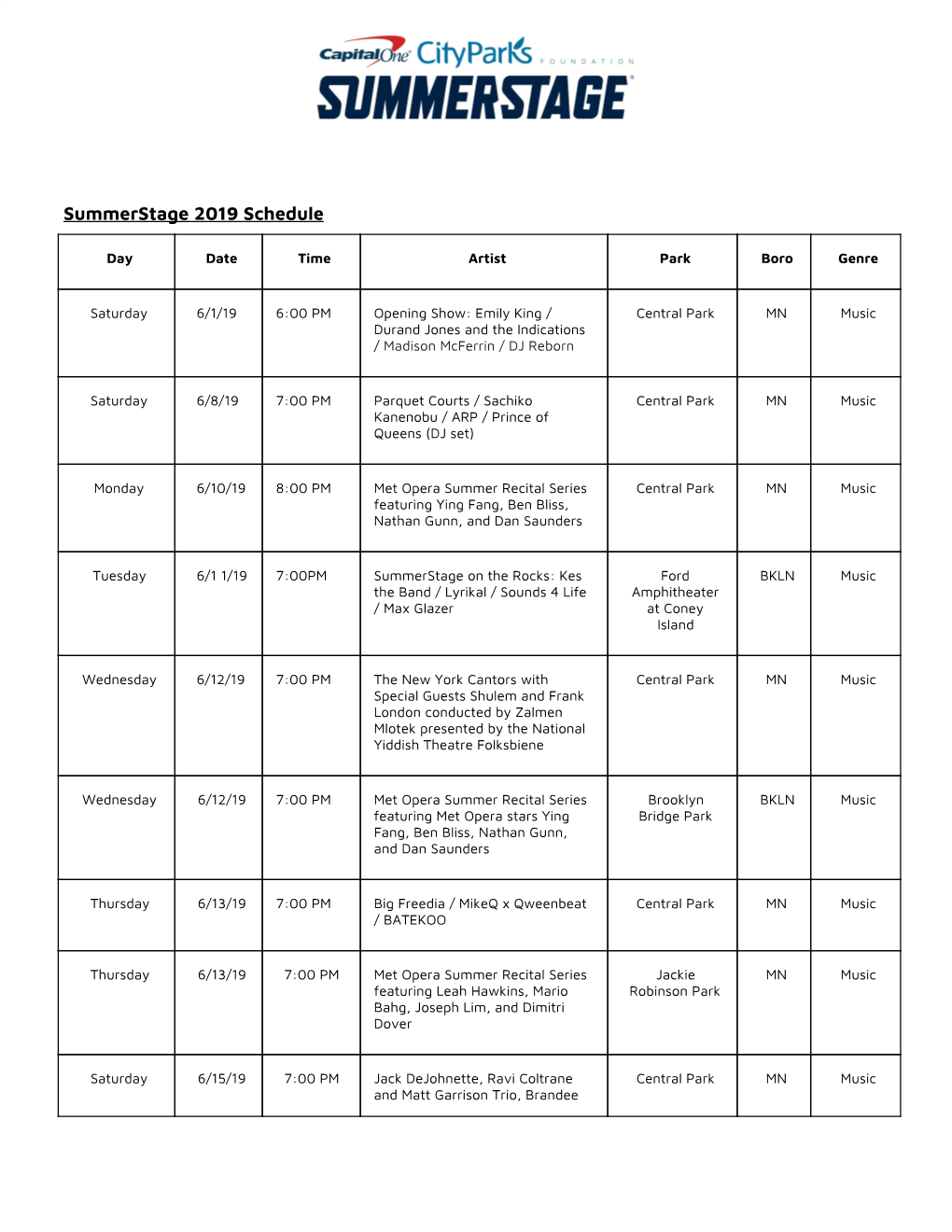 Summerstage 2019 Schedule