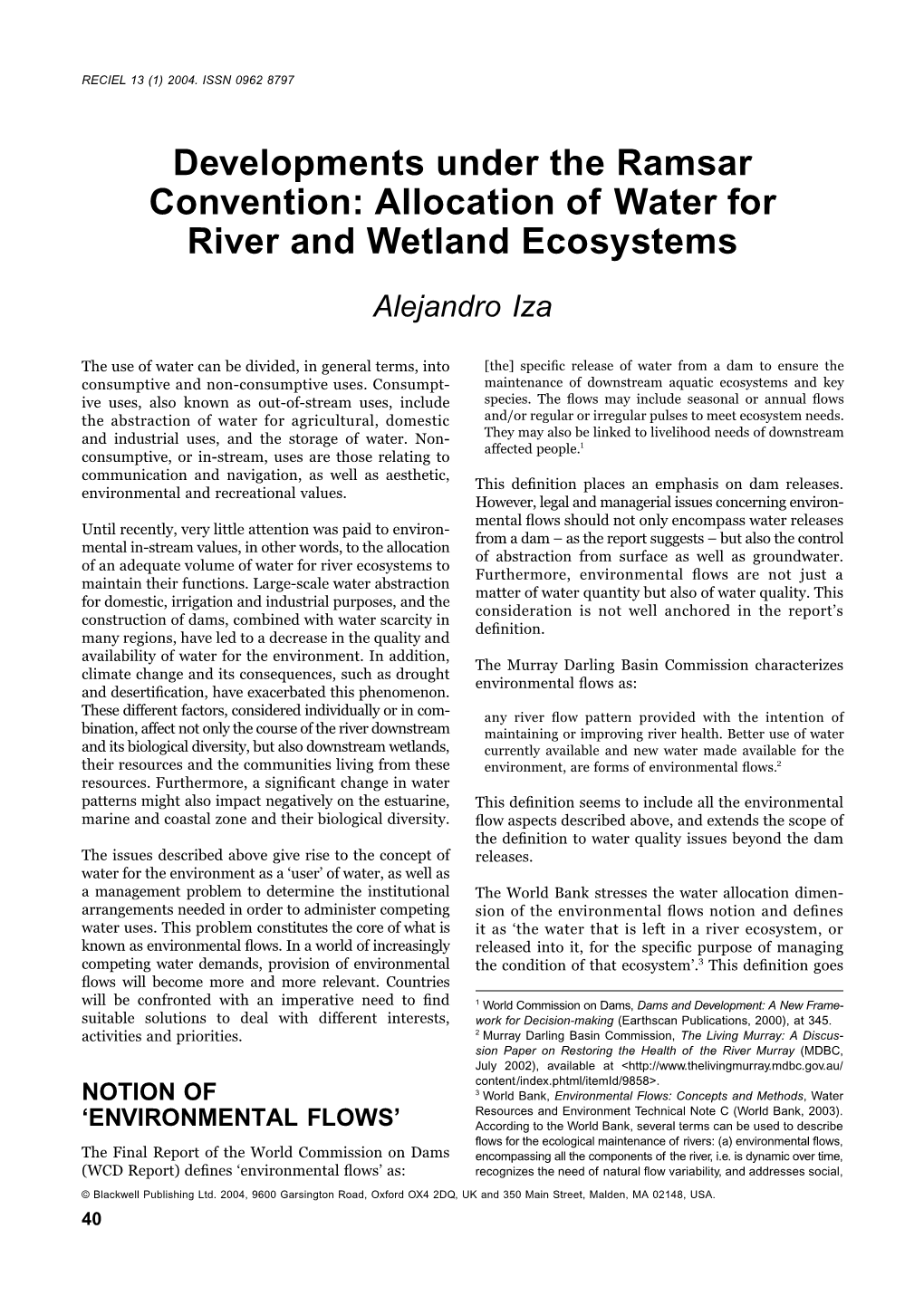 Developments Under the Ramsar Convention: Allocation of Water for River and Wetland Ecosystems