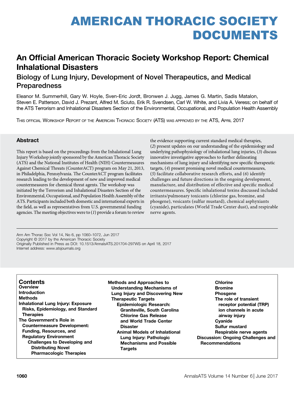 Chemical Inhalational Disasters Biology of Lung Injury, Development of Novel Therapeutics, and Medical Preparedness Eleanor M