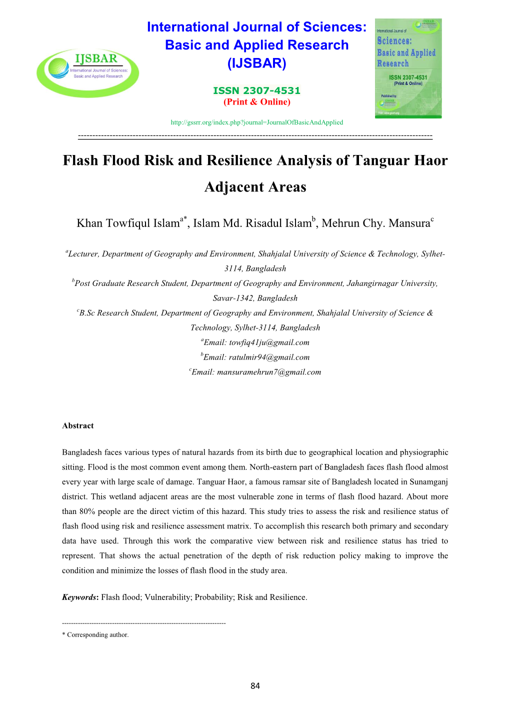 Flash Flood Risk and Resilience Analysis of Tanguar Haor Adjacent Areas