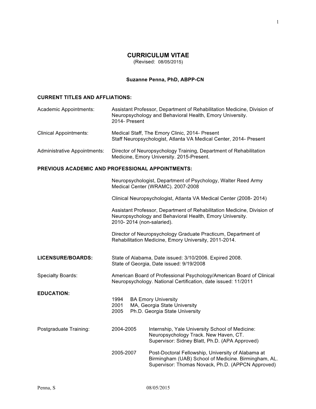 CURRICULUM VITAE (Revised: 08/05/2015)